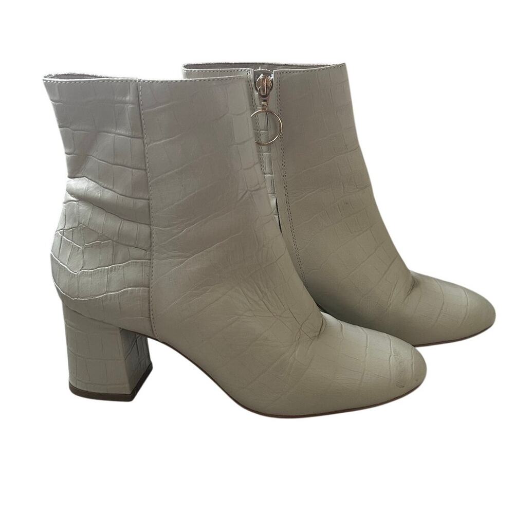 ABLE Croc Embossed Leather Block Heel Ankle Boots Cream Off White 7M